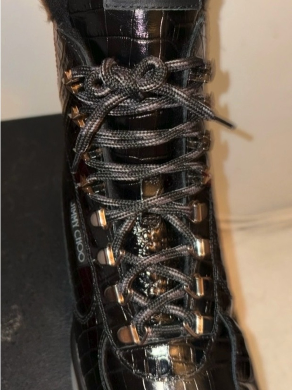 Jimmy Choo Black Croc-Embossed Patent Lace-Up Hiking Boot